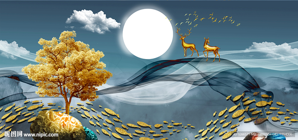 新中式麋鹿山水抽象晶瓷画装饰画