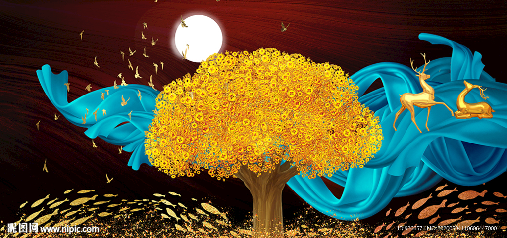 新中式麋鹿山水抽象晶瓷画装饰画