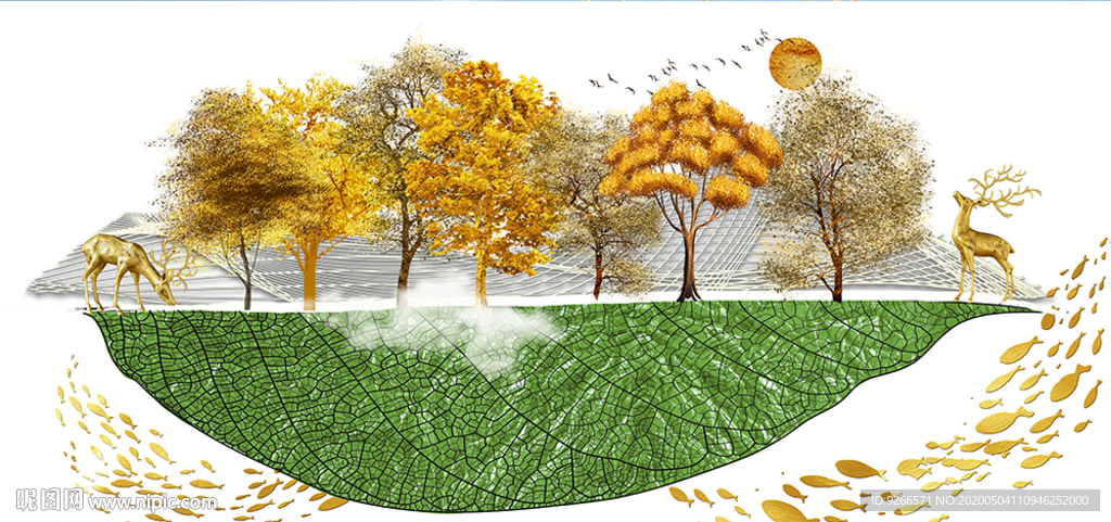 新中式麋鹿山水抽象晶瓷画装饰画