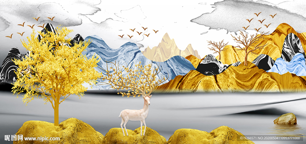 新中式麋鹿山水抽象晶瓷画装饰画