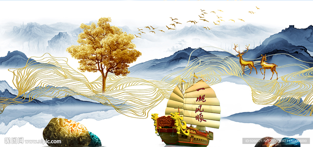 新中式麋鹿山水抽象晶瓷画装饰画