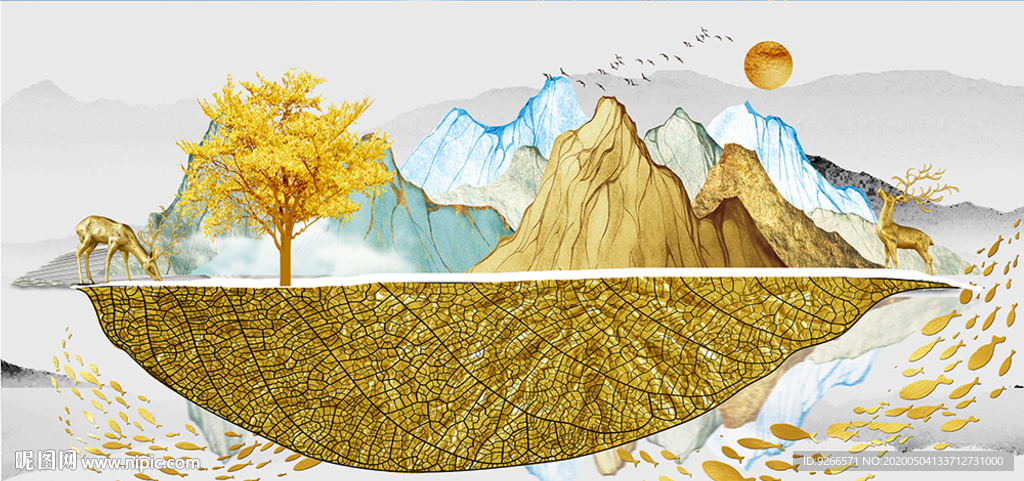 新中式麋鹿山水抽象晶瓷画装饰画