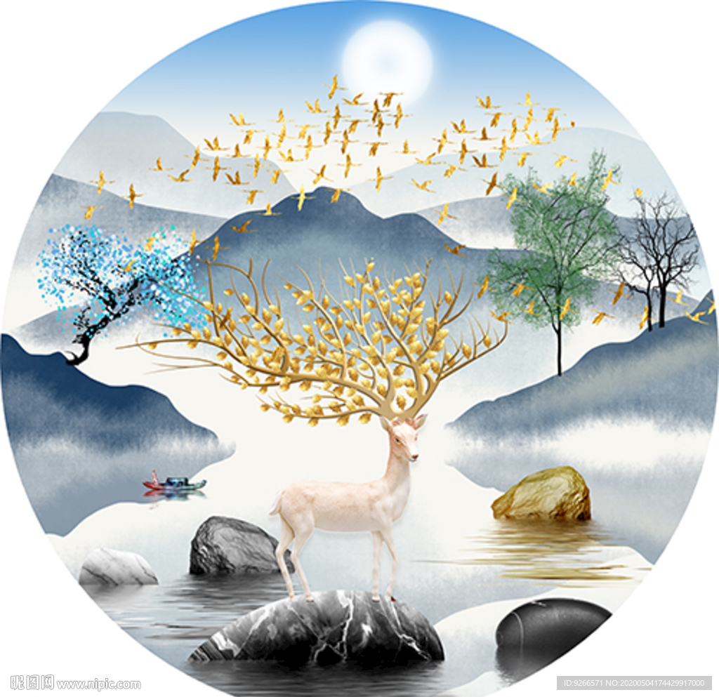 新中式麋鹿山水圆形晶瓷画装饰画