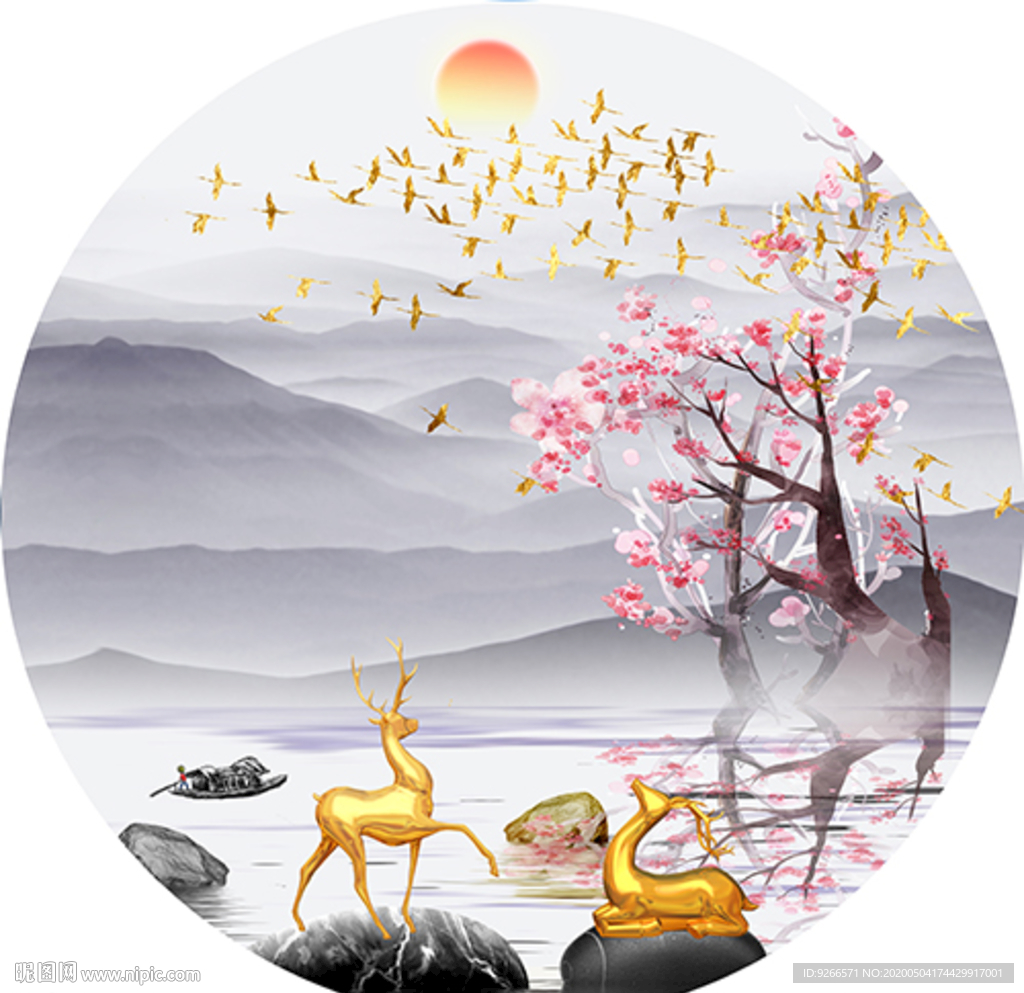 新中式麋鹿山水圆形晶瓷画装饰画