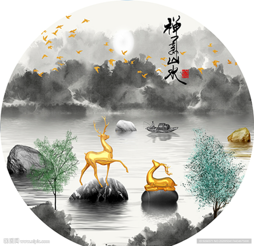 新中式麋鹿山水圆形晶瓷画装饰画