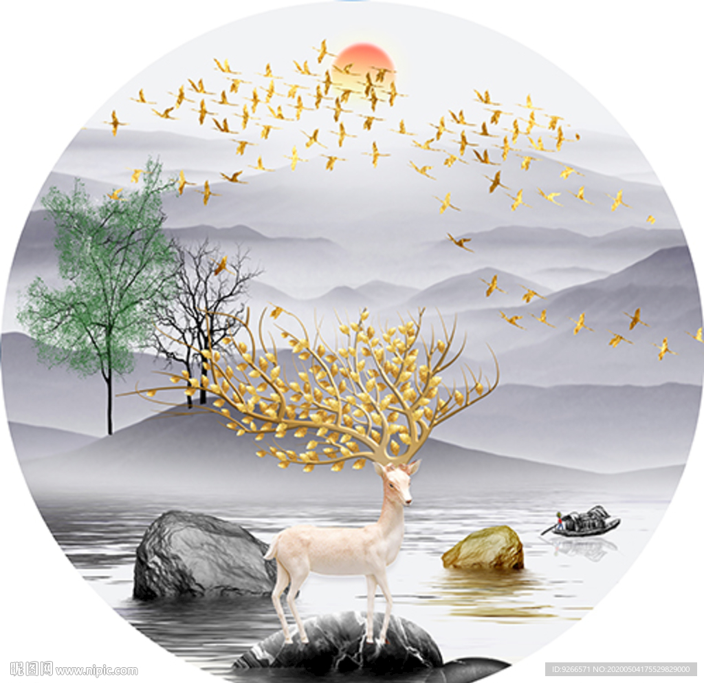 新中式麋鹿山水圆形晶瓷画装饰画