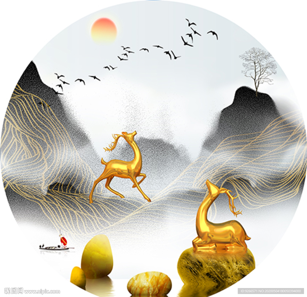 新中式麋鹿山水圆形晶瓷画装饰画