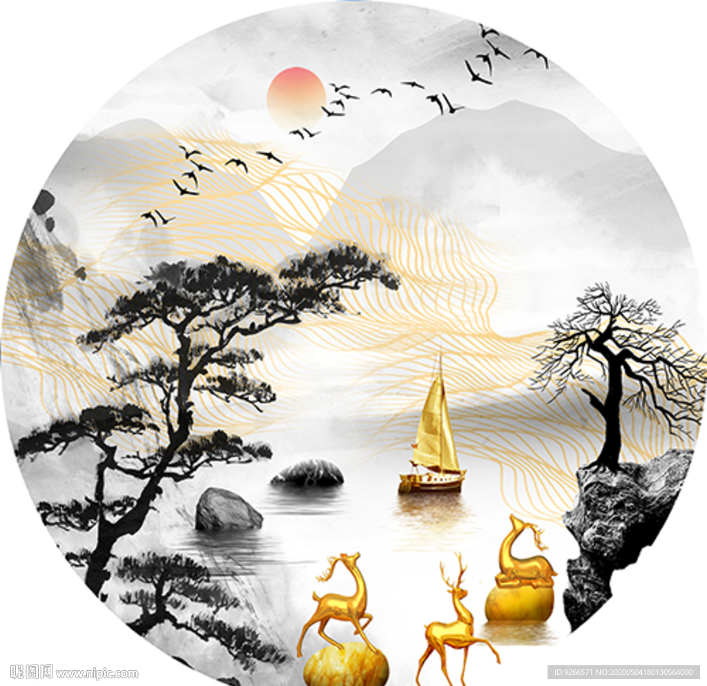 新中式麋鹿山水圆形晶瓷画装饰画