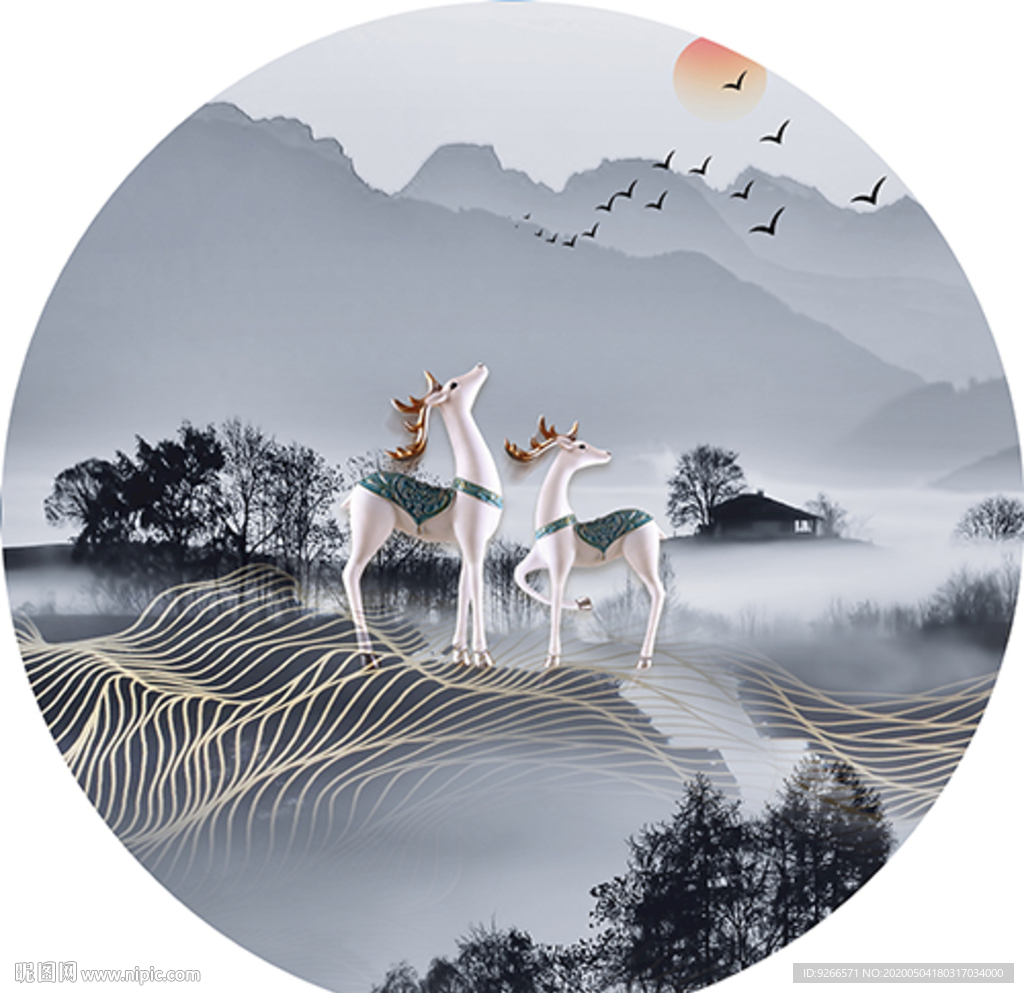 新中式麋鹿山水圆形晶瓷画装饰画