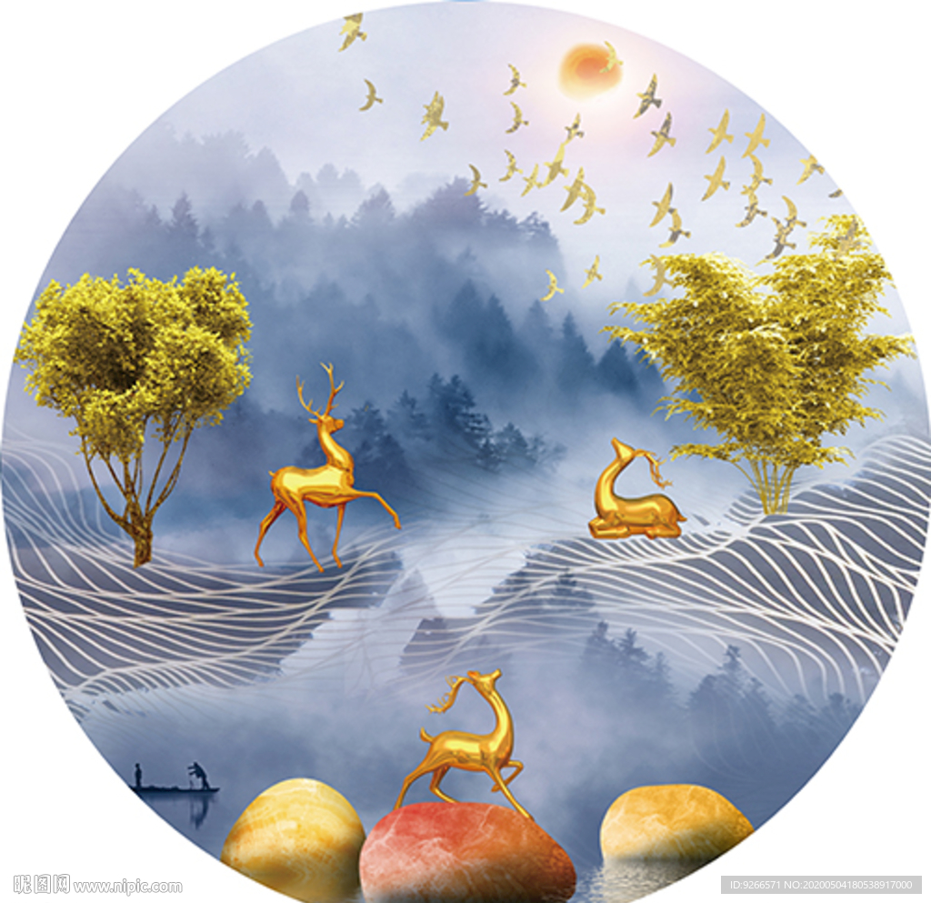 新中式麋鹿山水圆形晶瓷画装饰画