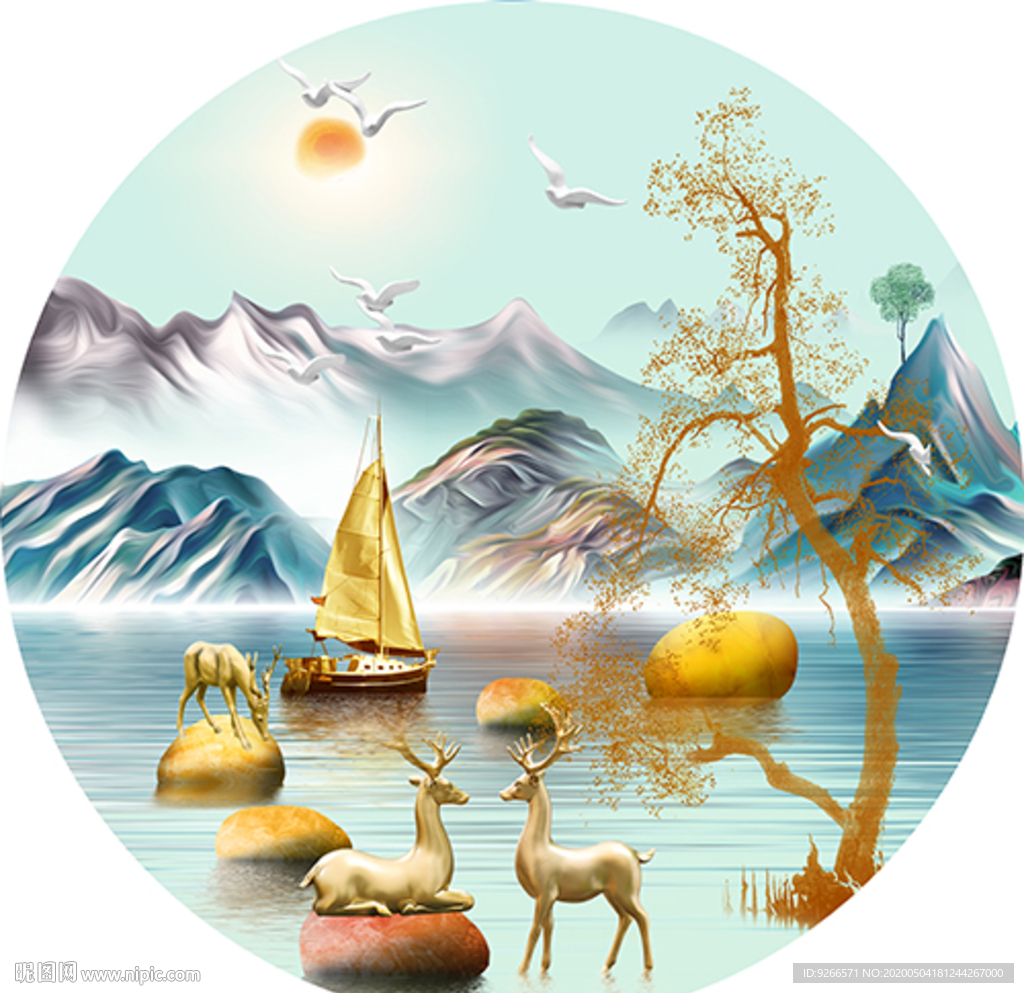 新中式麋鹿山水圆形晶瓷画装饰画