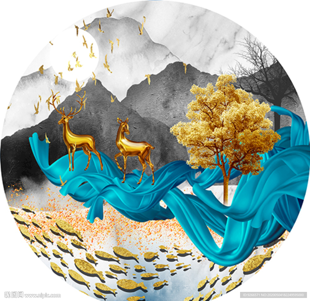 新中式麋鹿山水圆形晶瓷画装饰画