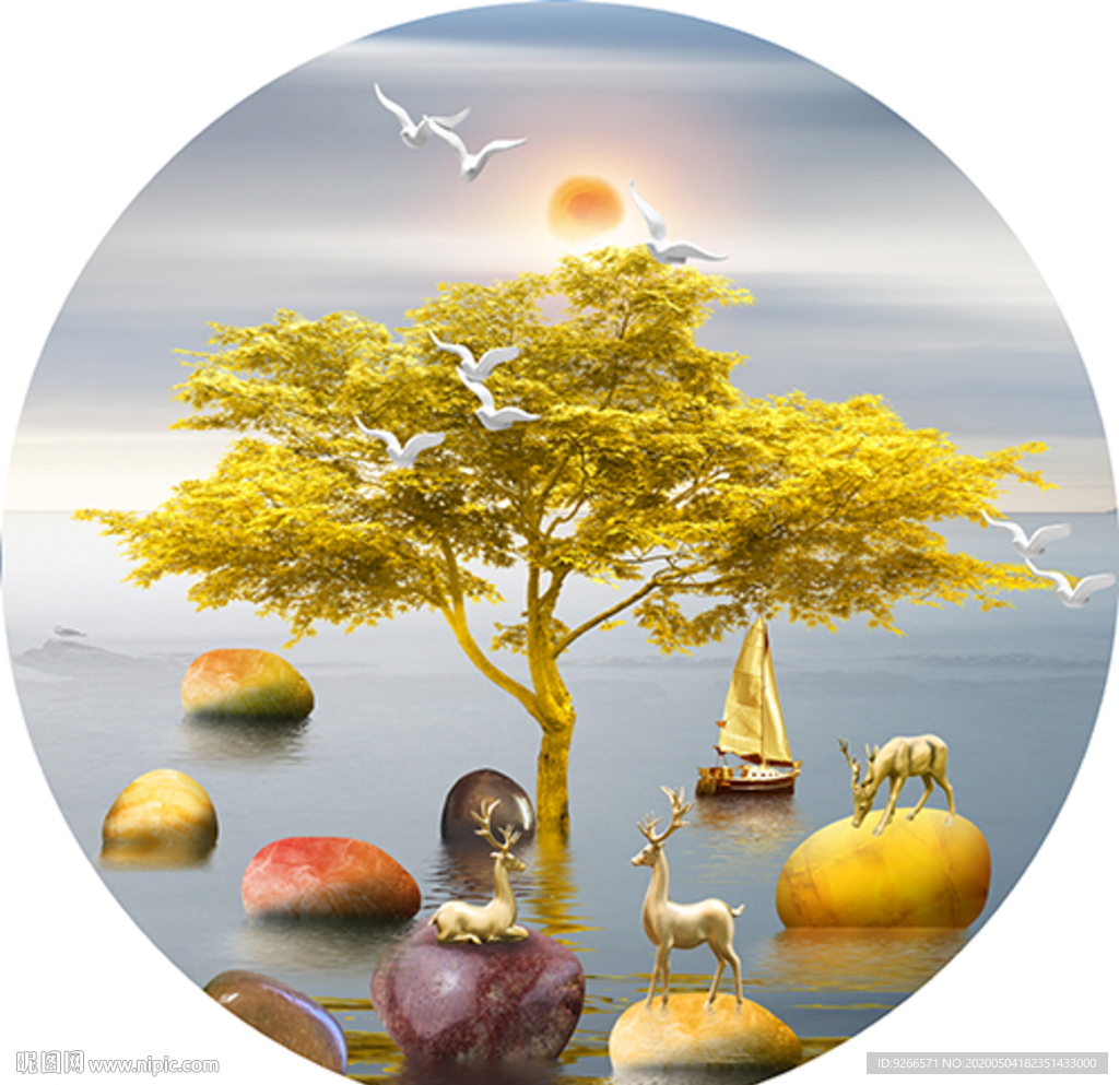 新中式麋鹿山水圆形晶瓷画装饰画