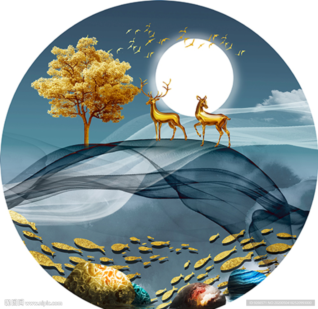 新中式麋鹿山水圆形晶瓷画装饰画