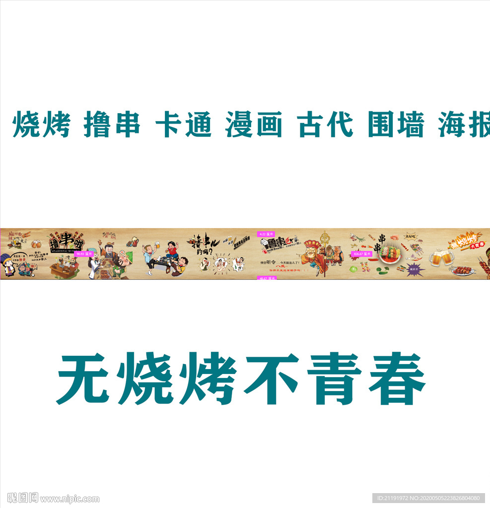 烧烤撸串卡通漫画古代围墙海报