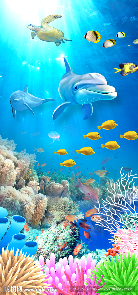 3D海豚海底世界玄关装饰画