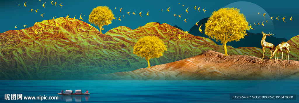 山水年轮发财树麋鹿唯美装饰画