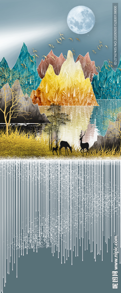 现代轻奢简约玄关背景线条山水