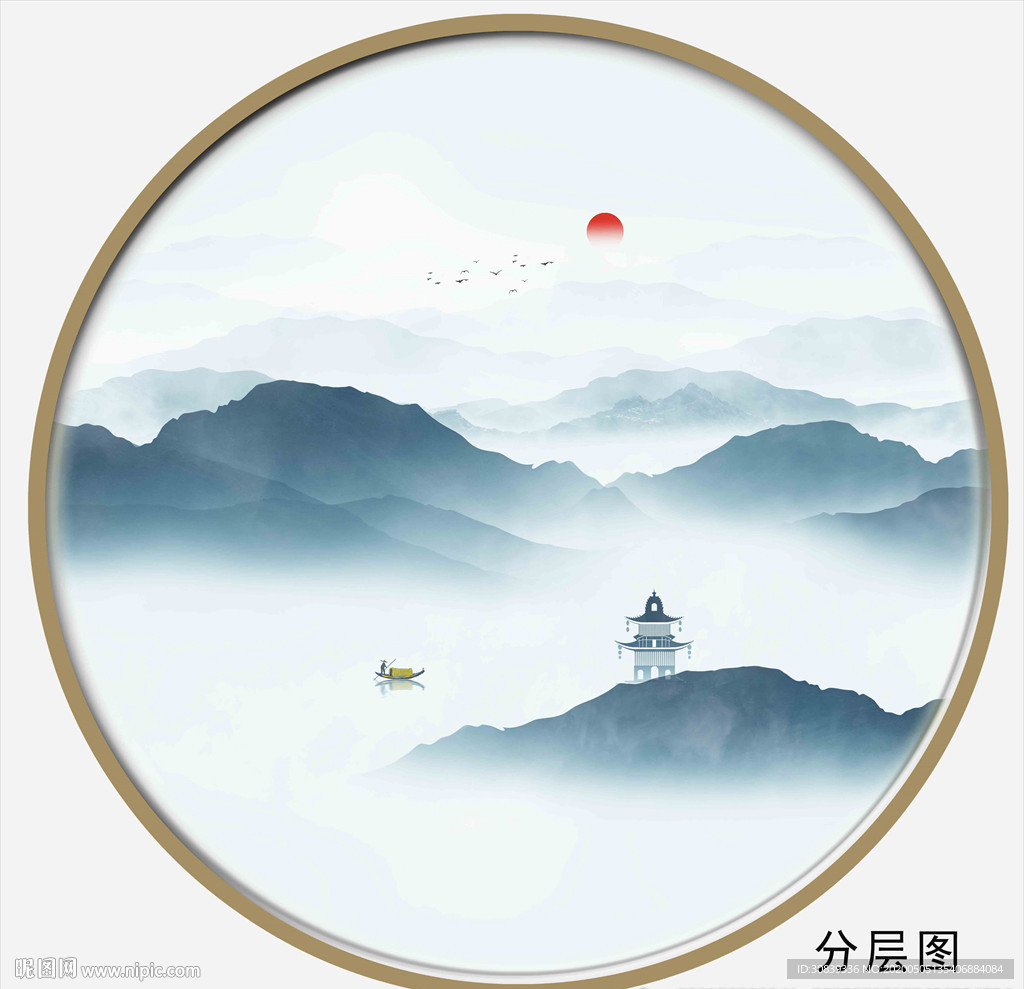 圆形水墨装饰画 山水画 山水