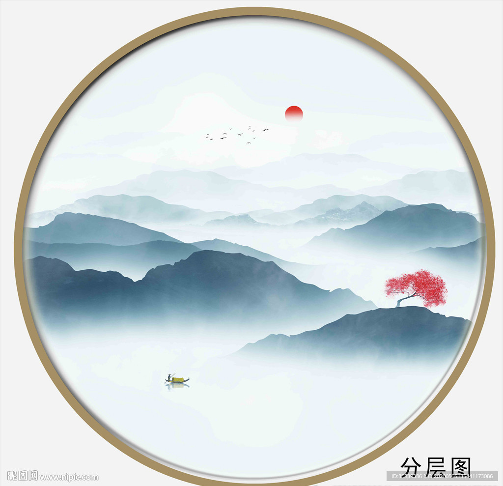 圆形水墨山水 山水画 山水