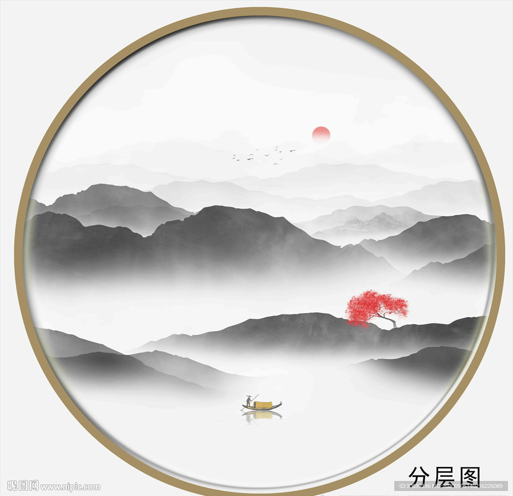 远山圆形山水画 山水
