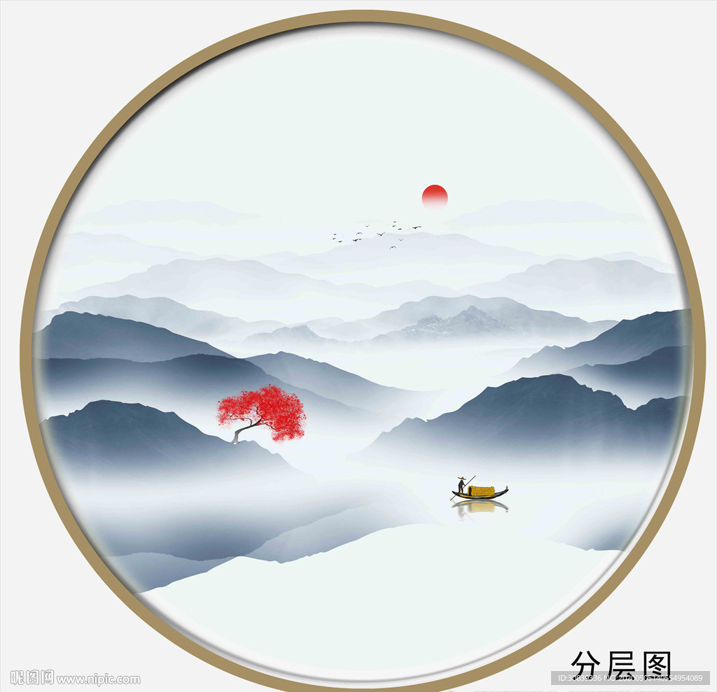 圆形水墨背景山水画山水
