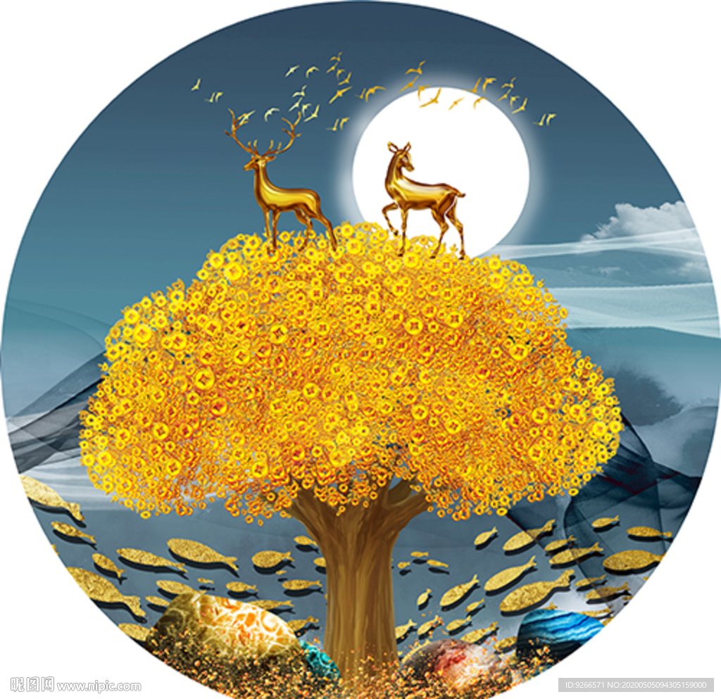 新中式麋鹿山水圆形晶瓷画装饰画