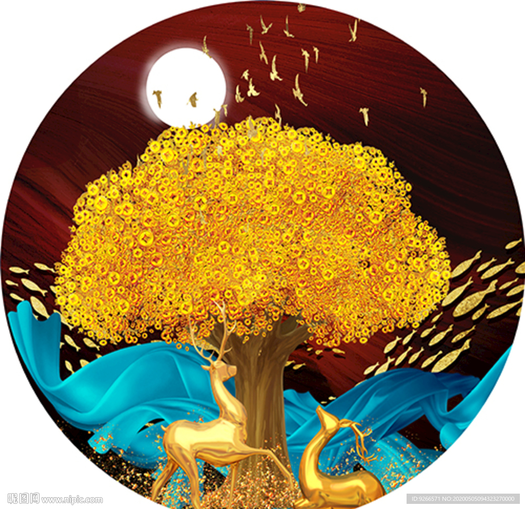 新中式麋鹿山水圆形晶瓷画装饰画