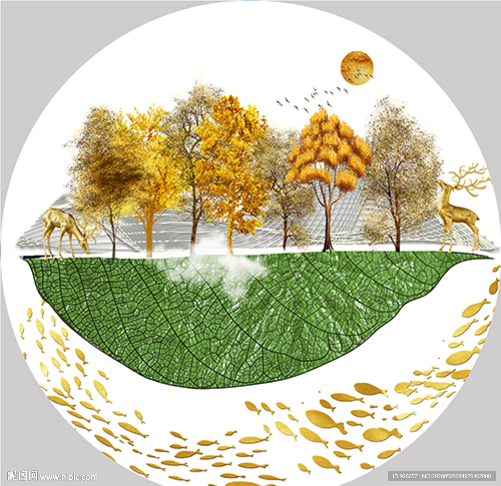 新中式麋鹿山水圆形晶瓷画装饰画