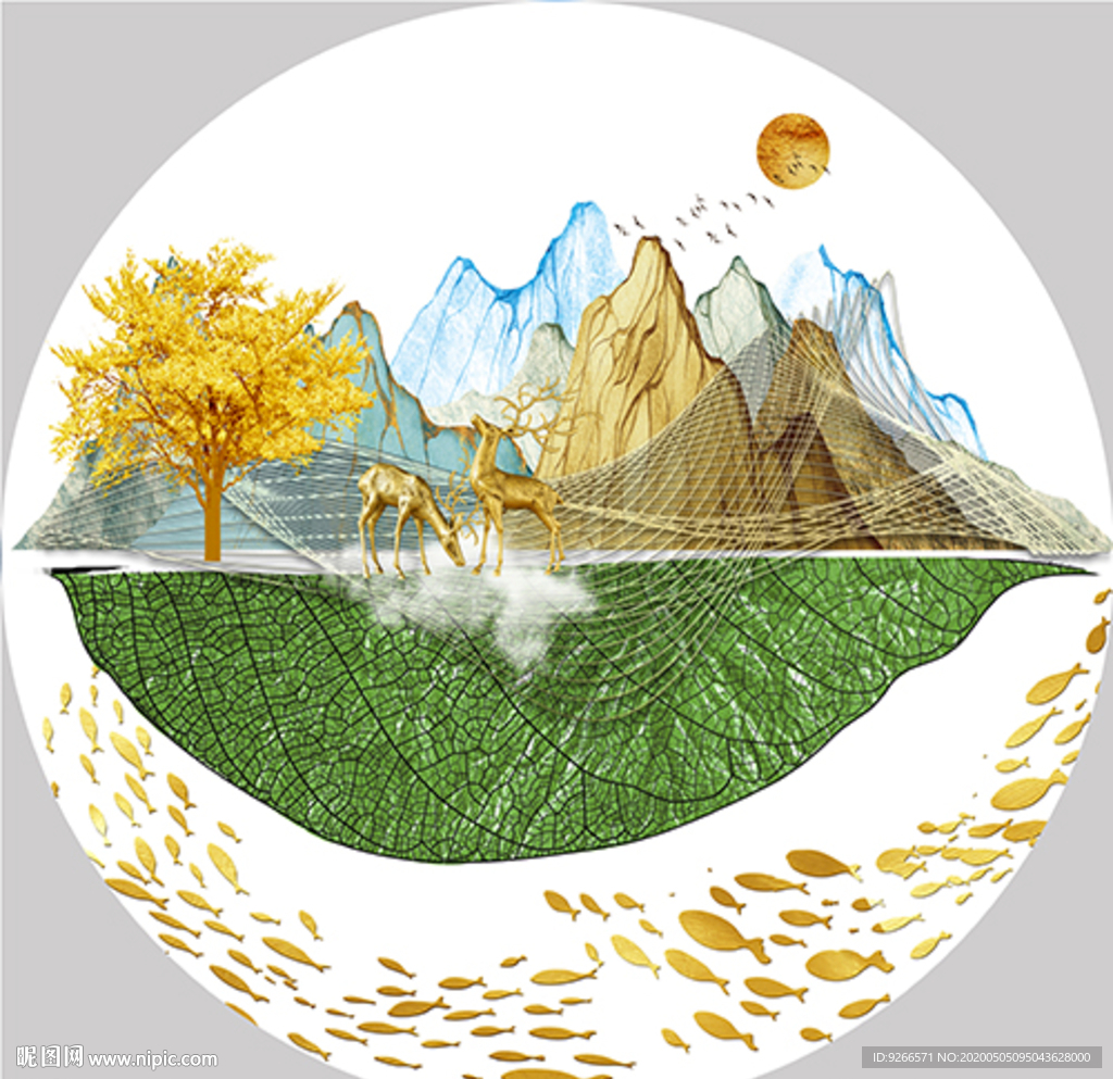 新中式麋鹿山水圆形晶瓷画装饰画