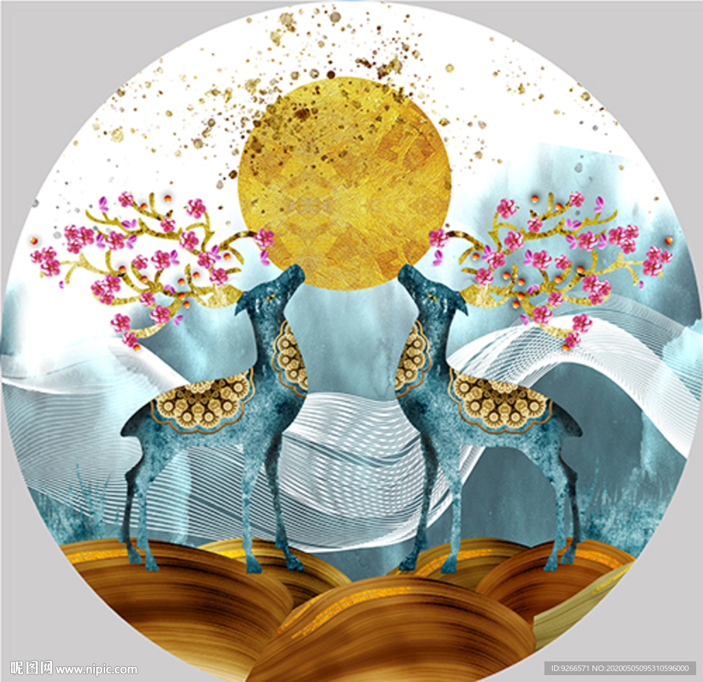 新中式麋鹿山水圆形晶瓷画装饰画