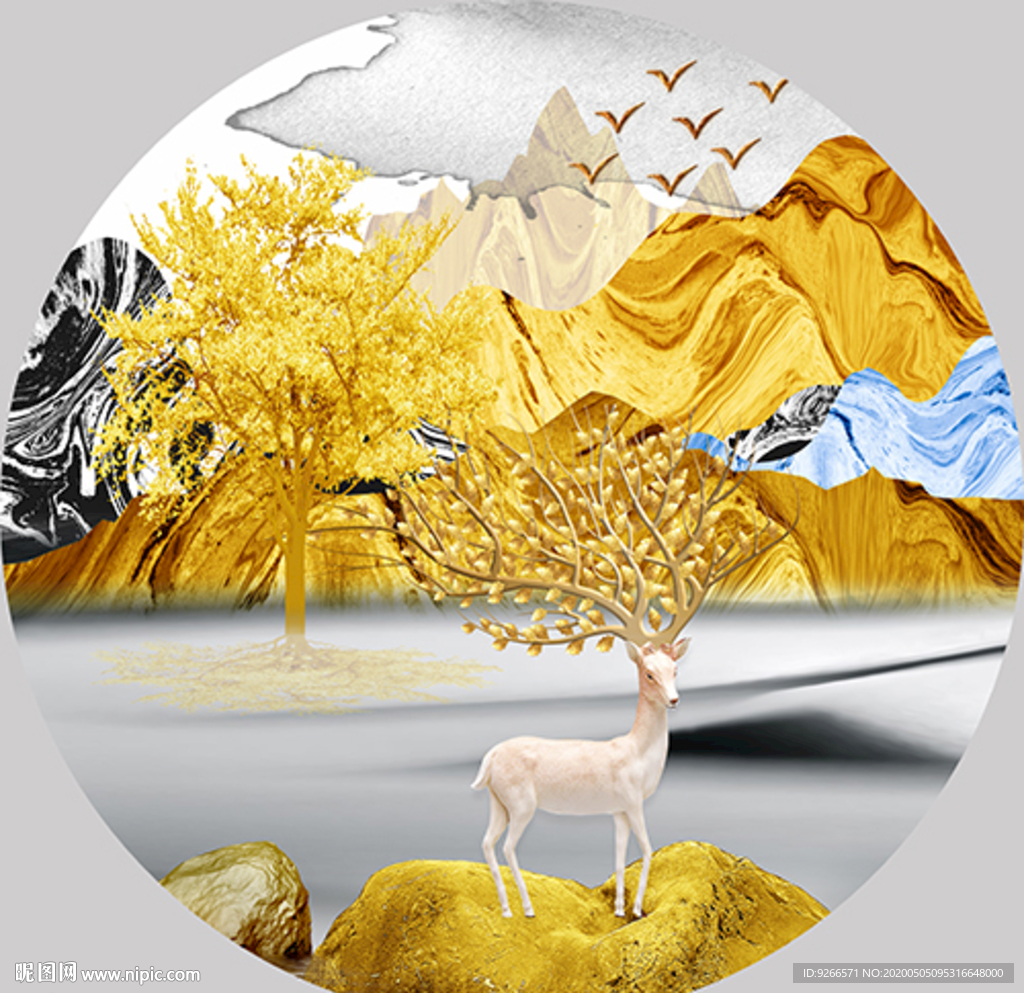 新中式麋鹿山水圆形晶瓷画装饰画