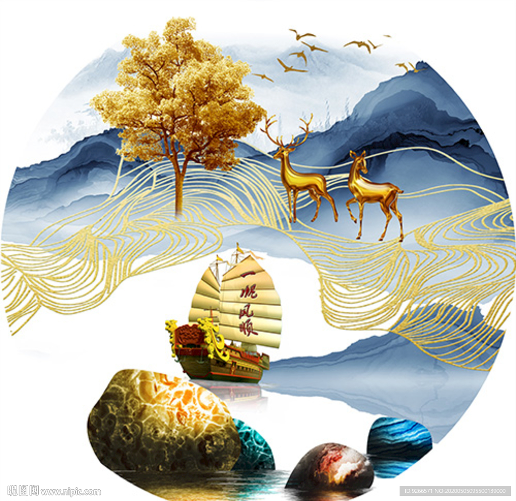 新中式麋鹿山水圆形晶瓷画装饰画