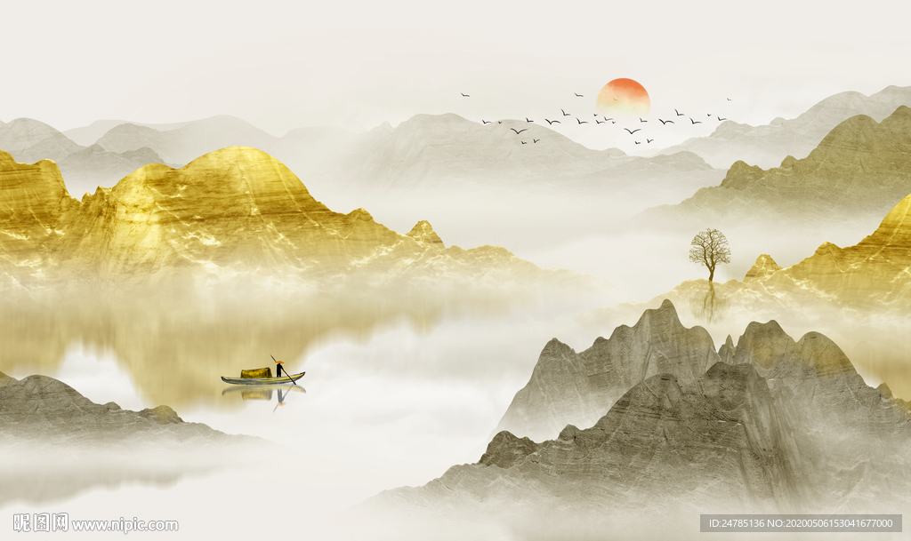 金色水墨山水画