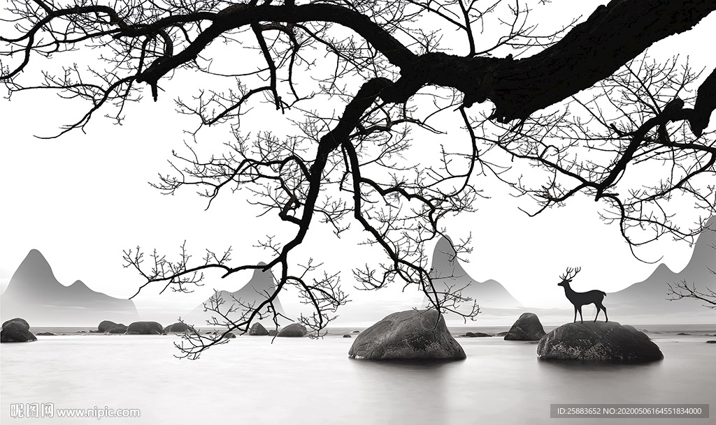 大树梅花鹿山水电视背景墙
