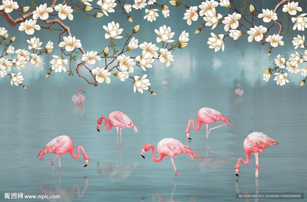 手绘热带雨林火烈鸟背景墙