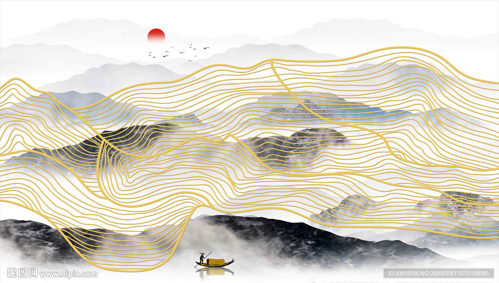 线条金线背景墙 山水线条 水墨