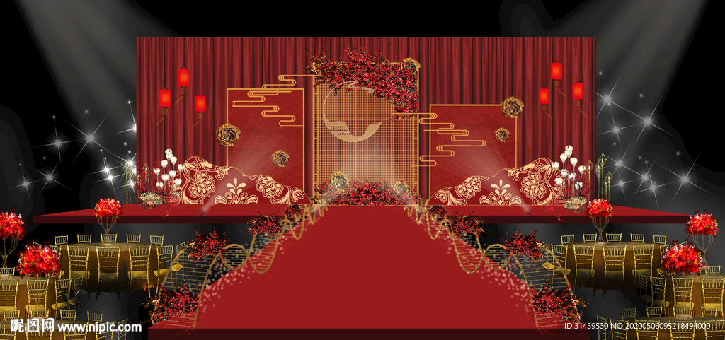红色红金主题婚礼设计背景