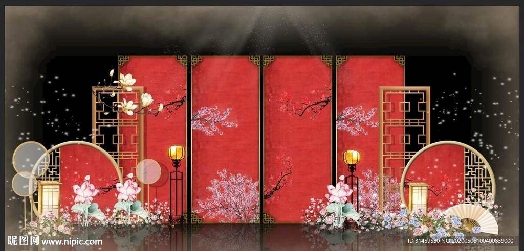 红色红金主题婚礼设计背景