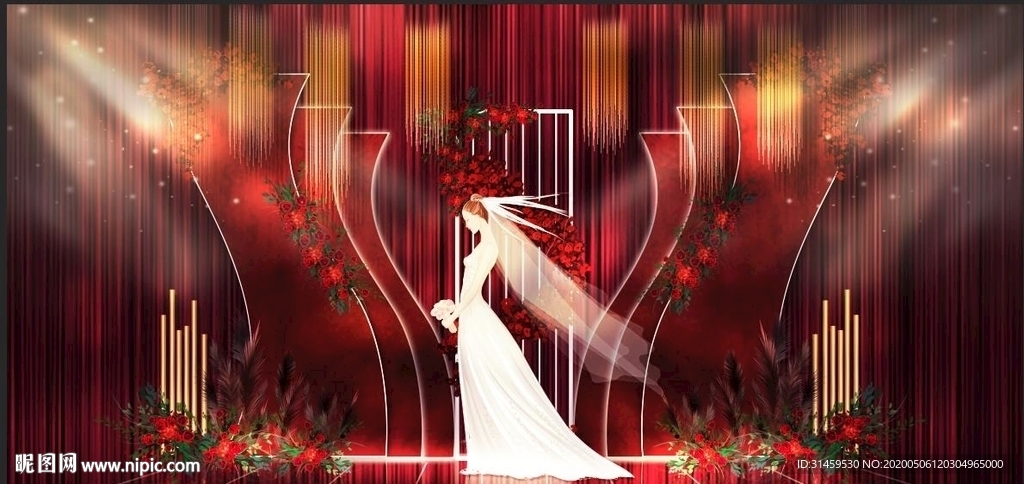 红色红金主题婚礼设计背景