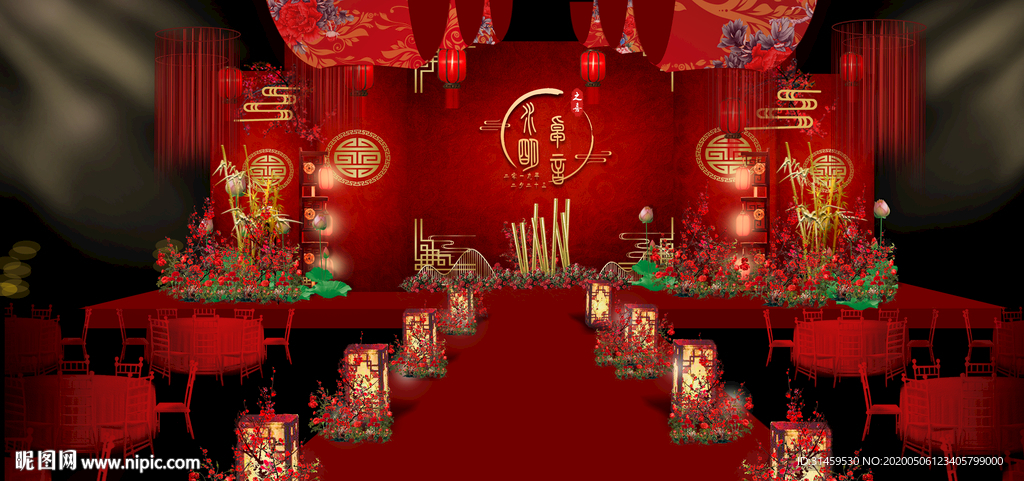 红色红金主题婚礼设计背景