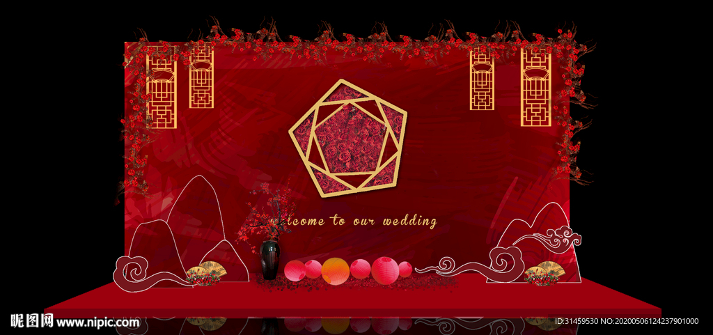 红色红金主题婚礼设计背景