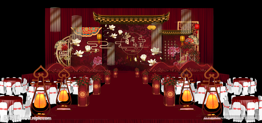 红色红金主题婚礼设计背景
