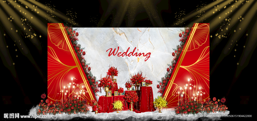 红色红金主题婚礼设计背景