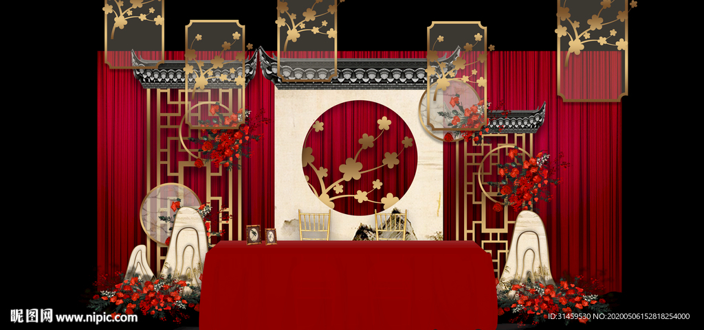 红色红金主题婚礼设计背景