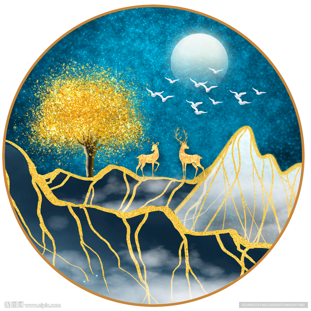 北欧轻奢麋鹿山水圆形装饰画