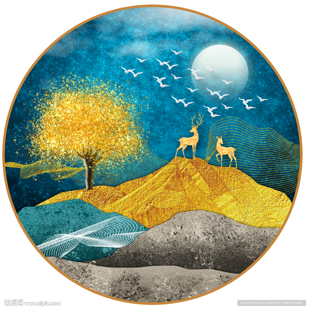 北欧轻奢麋鹿山水圆形装饰画