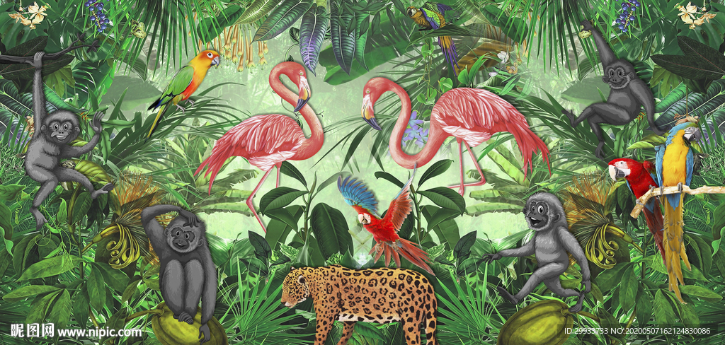 复古热带雨林动物背景墙