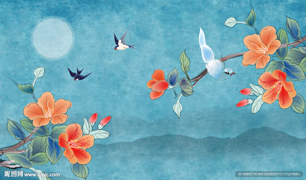 喜上眉梢麻雀花鸟山水背景墙