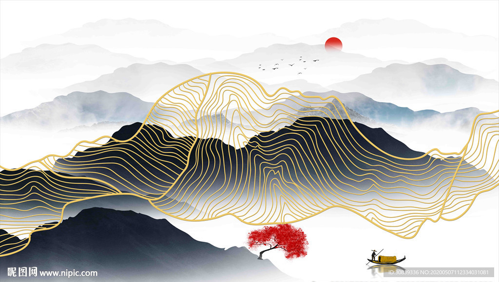 线条装饰画 金线山水 山水画